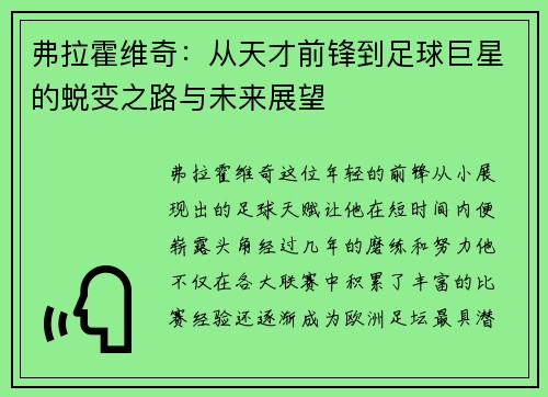 弗拉霍维奇：从天才前锋到足球巨星的蜕变之路与未来展望