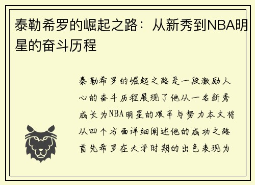 泰勒希罗的崛起之路：从新秀到NBA明星的奋斗历程