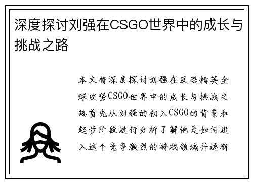 深度探讨刘强在CSGO世界中的成长与挑战之路