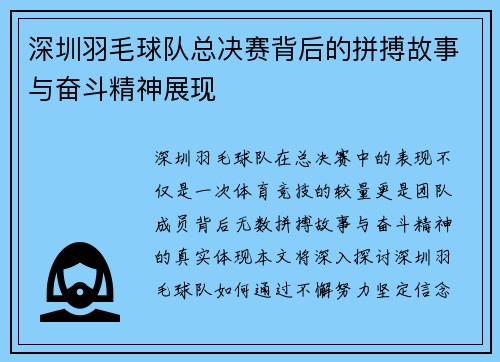 深圳羽毛球队总决赛背后的拼搏故事与奋斗精神展现
