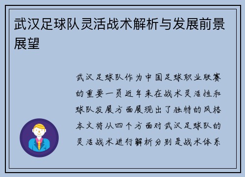 武汉足球队灵活战术解析与发展前景展望