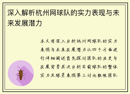 深入解析杭州网球队的实力表现与未来发展潜力