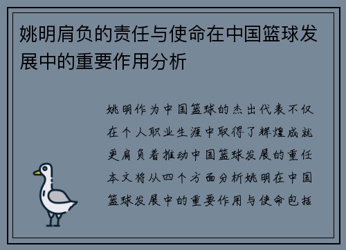 姚明肩负的责任与使命在中国篮球发展中的重要作用分析