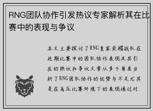 RNG团队协作引发热议专家解析其在比赛中的表现与争议