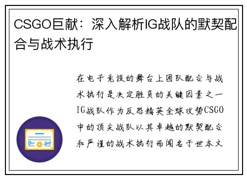 CSGO巨献：深入解析IG战队的默契配合与战术执行
