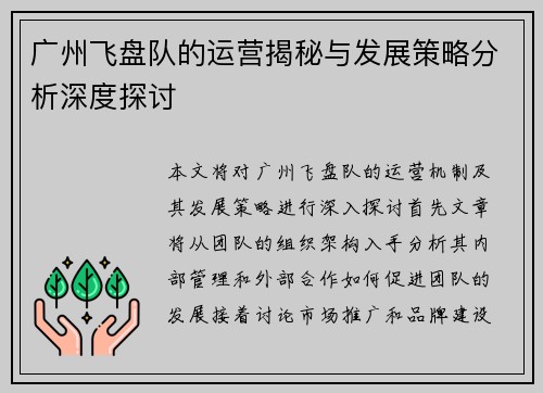 广州飞盘队的运营揭秘与发展策略分析深度探讨